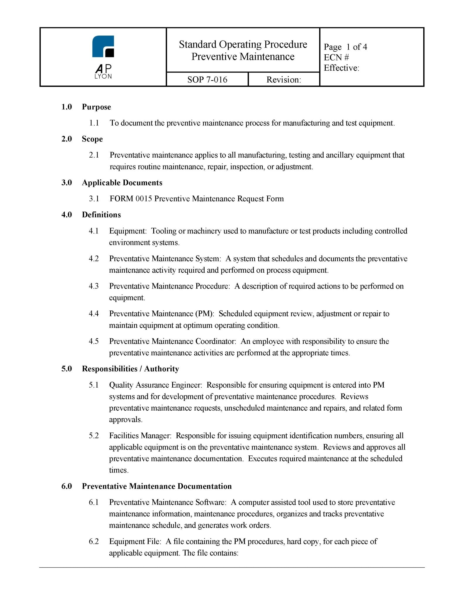 Preventive Maintenance Procedure - A. P. LYON