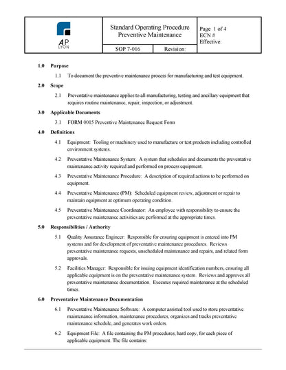 Preventive Maintenance Procedure - A. P. LYON