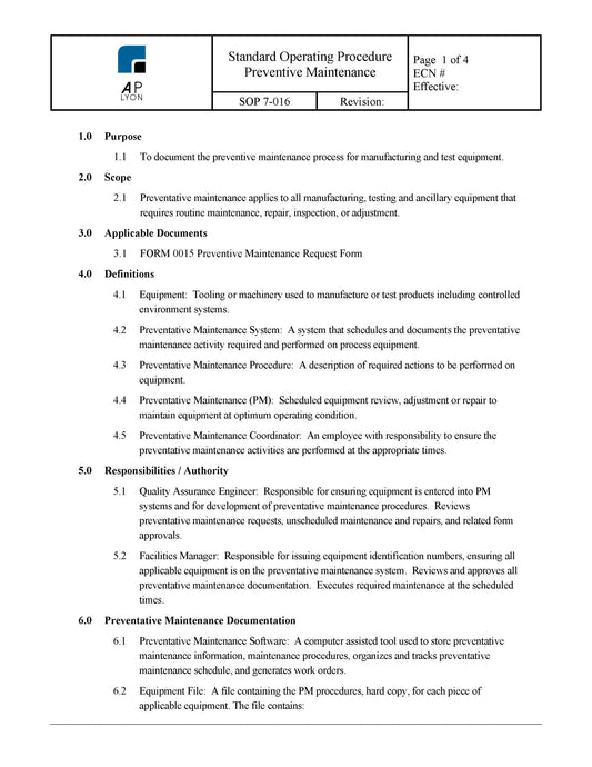 Preventive Maintenance Procedure - A. P. LYON