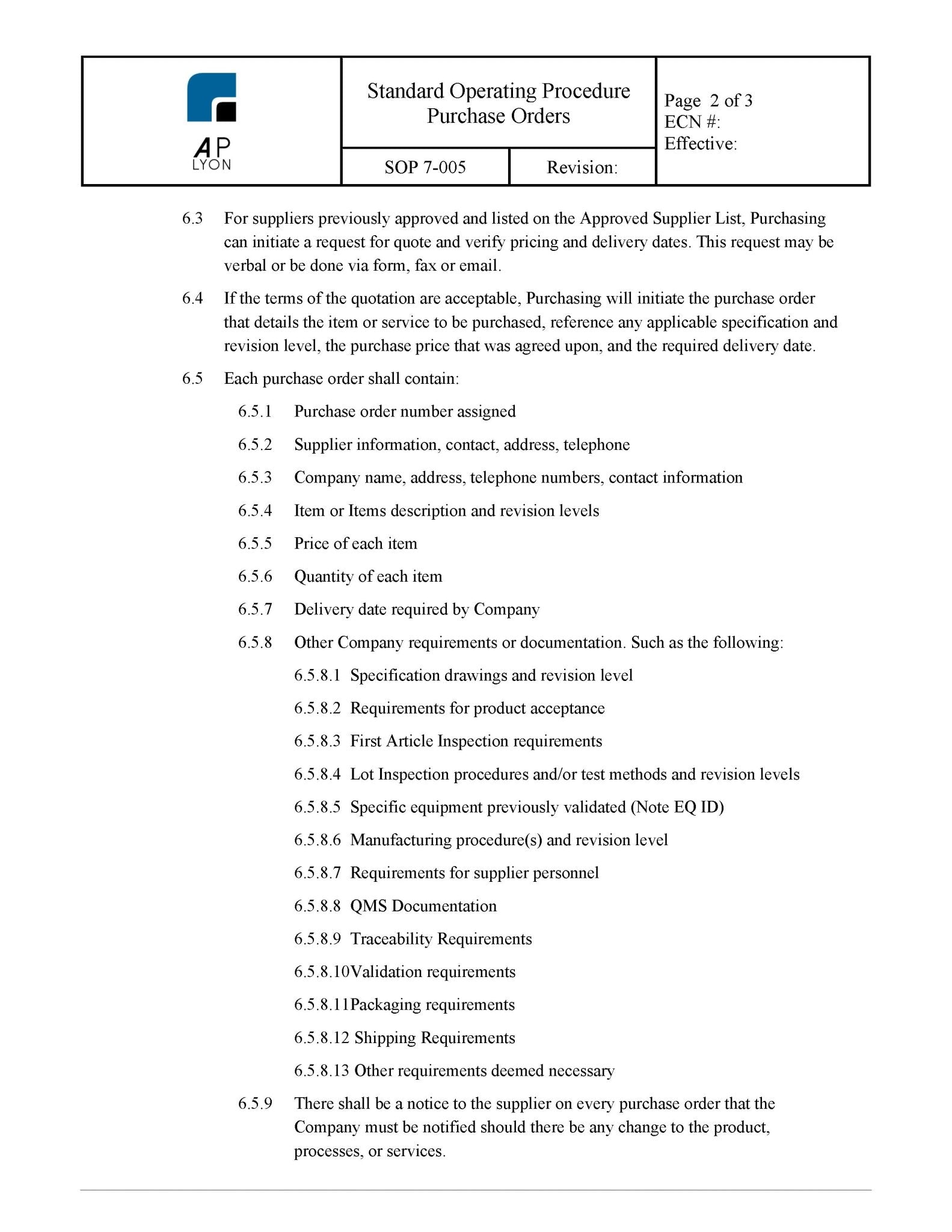 Purchase Order Procedure - A. P. LYON