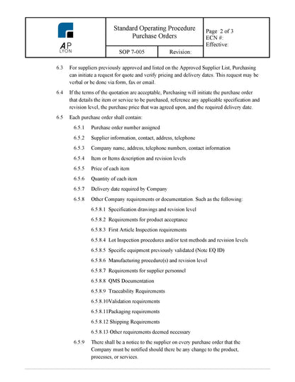 Purchase Order Procedure - A. P. LYON