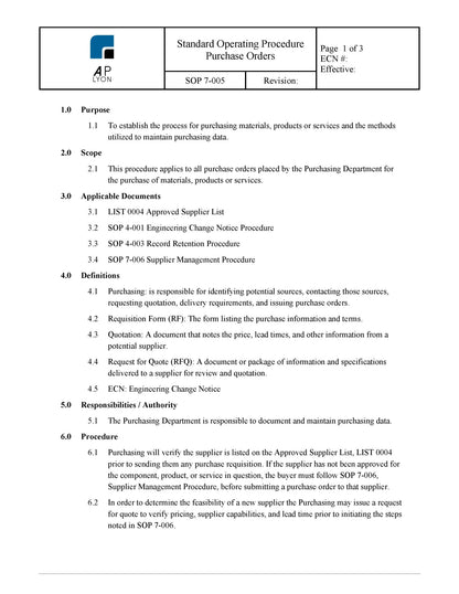 Purchase Order Procedure - A. P. LYON