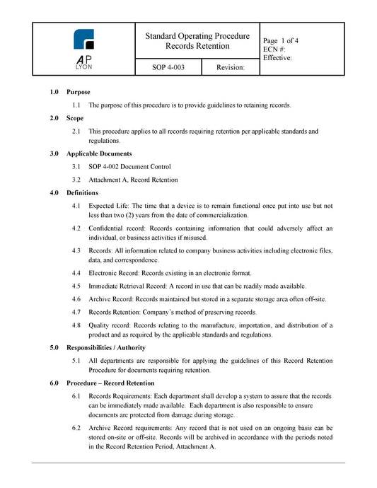 Record Retention Procedure - A. P. LYON