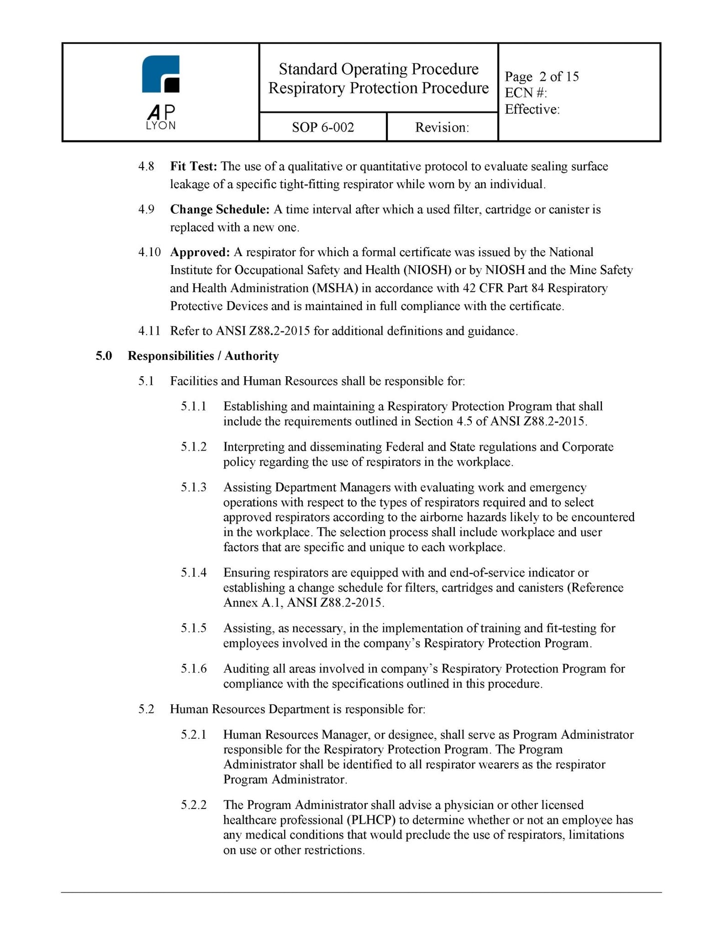 Respiratory Protection Procedure - A. P. LYON