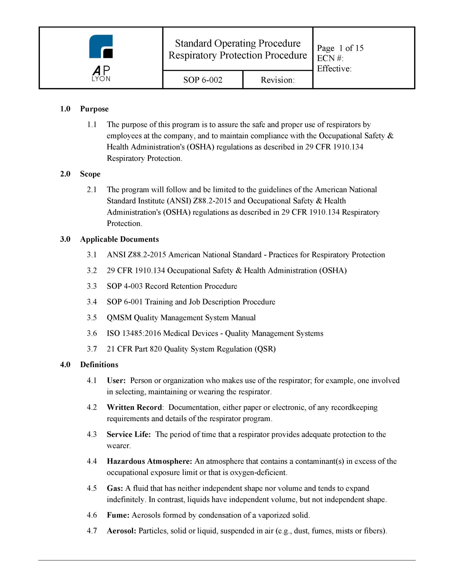 Respiratory Protection Procedure - A. P. LYON