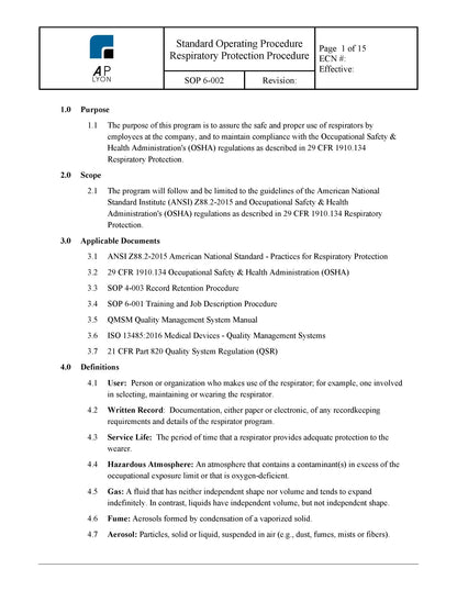 Respiratory Protection Procedure - A. P. LYON