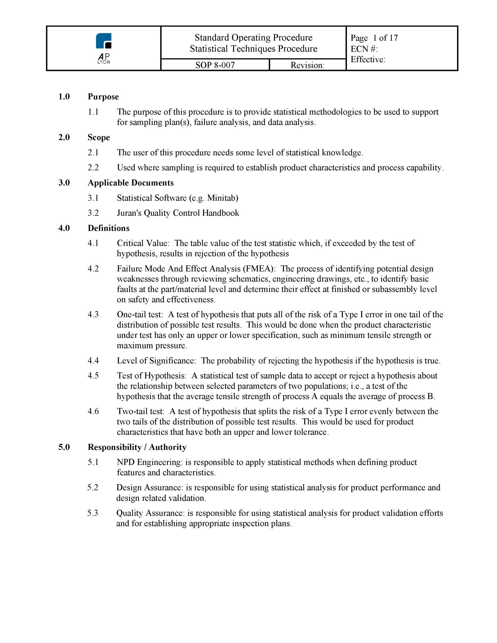 Statistical Techniques Procedure – A. P. LYON