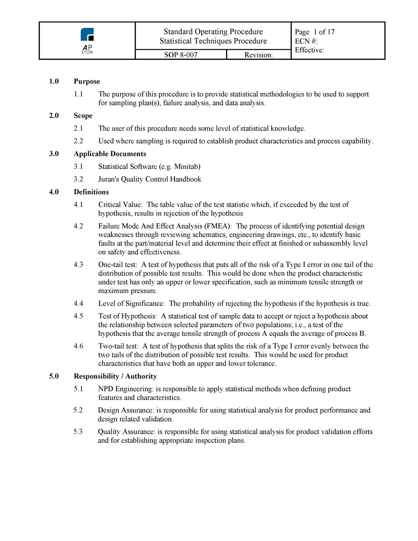 Statistical Techniques Procedure - A. P. LYON