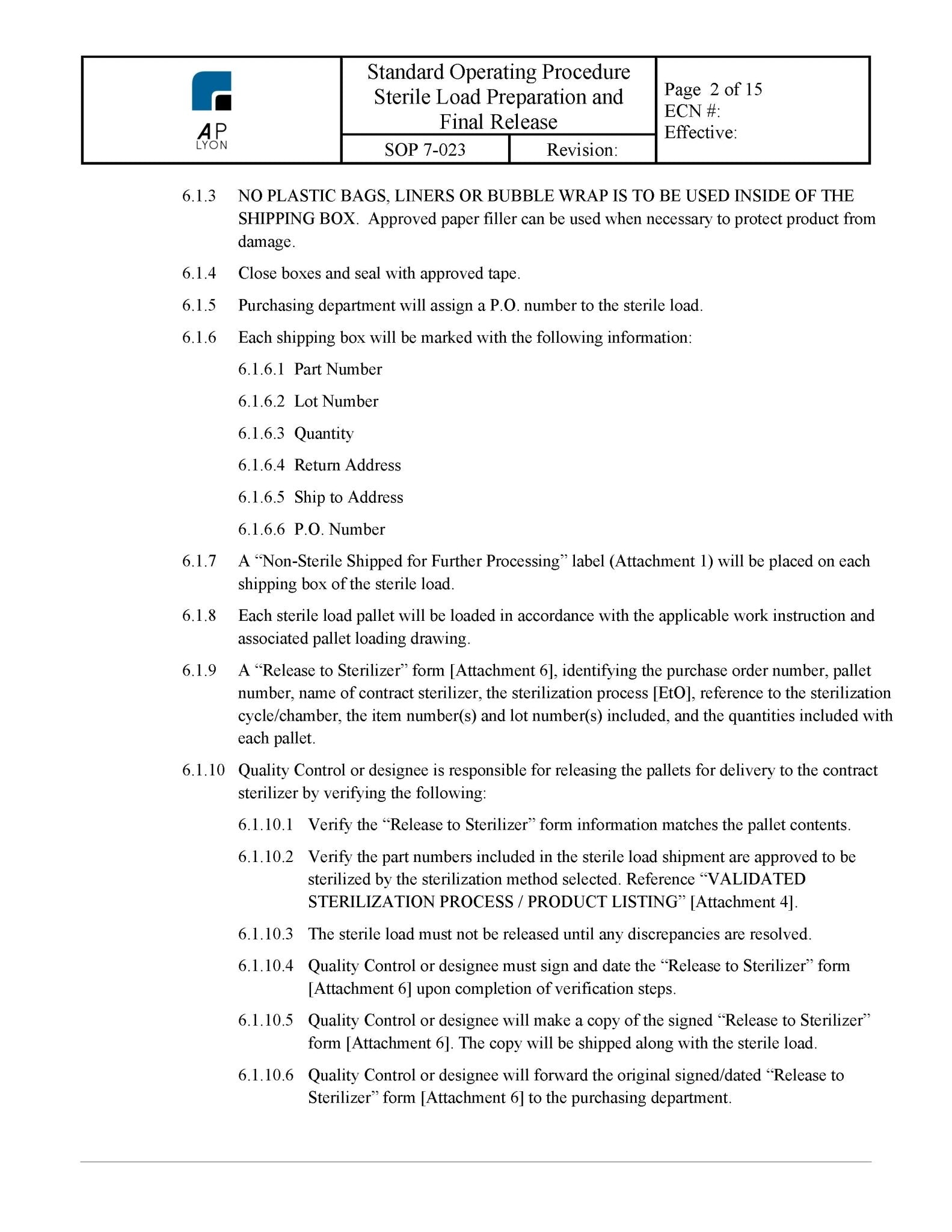 Sterile Load Preparation and Release Procedure - A. P. LYON