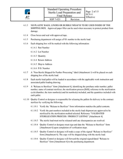 Sterile Load Preparation and Release Procedure - A. P. LYON