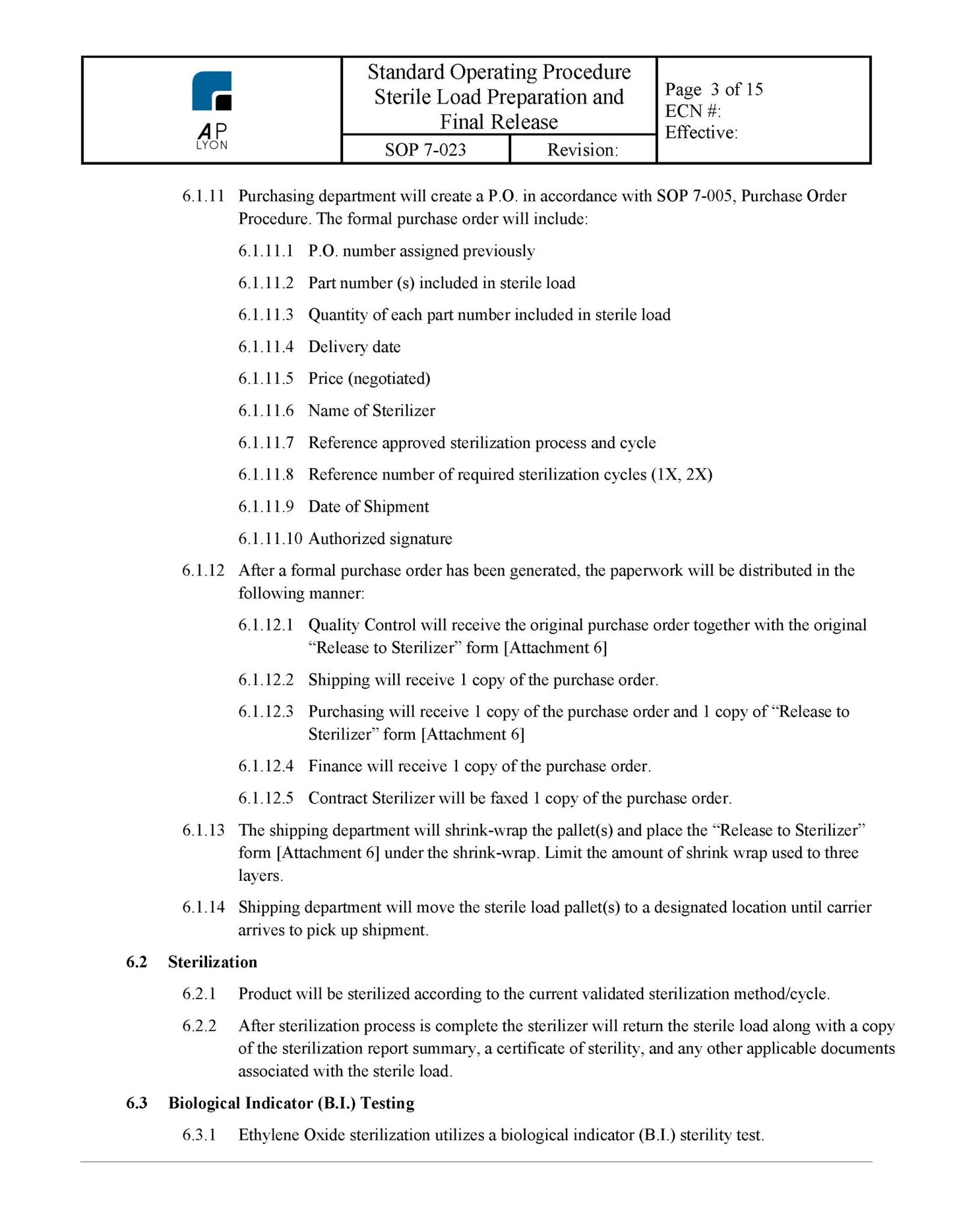 Sterile Load Preparation and Release Procedure - A. P. LYON