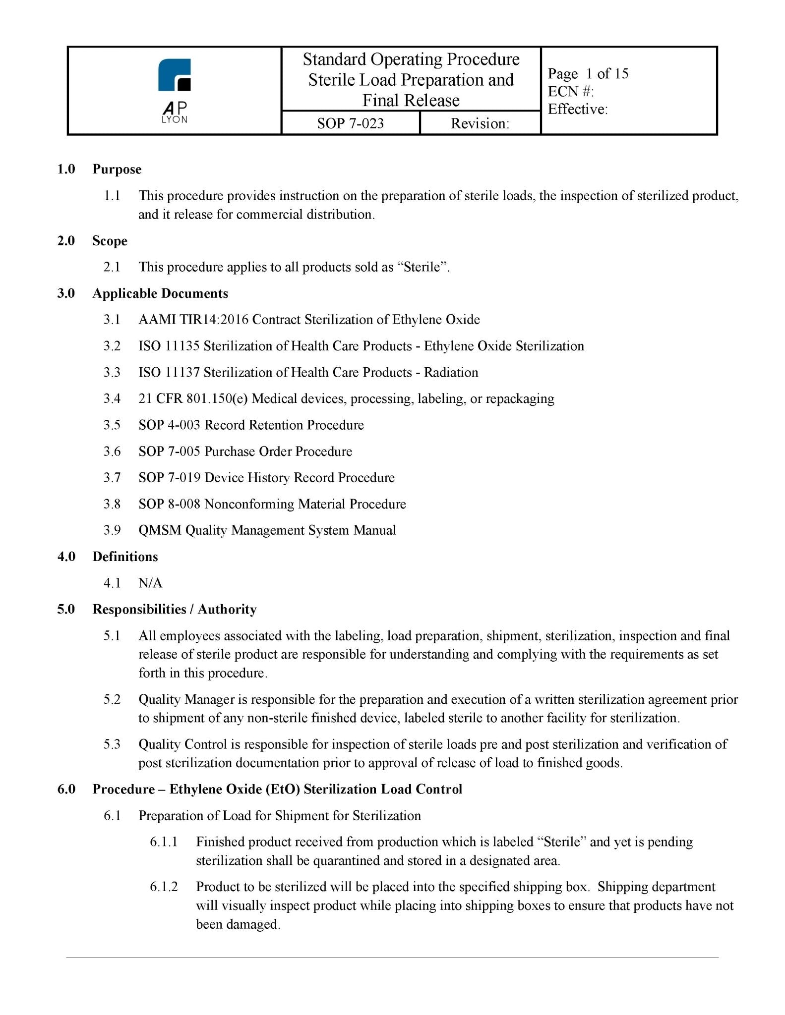 Sterile Load Preparation and Release Procedure – A. P. LYON