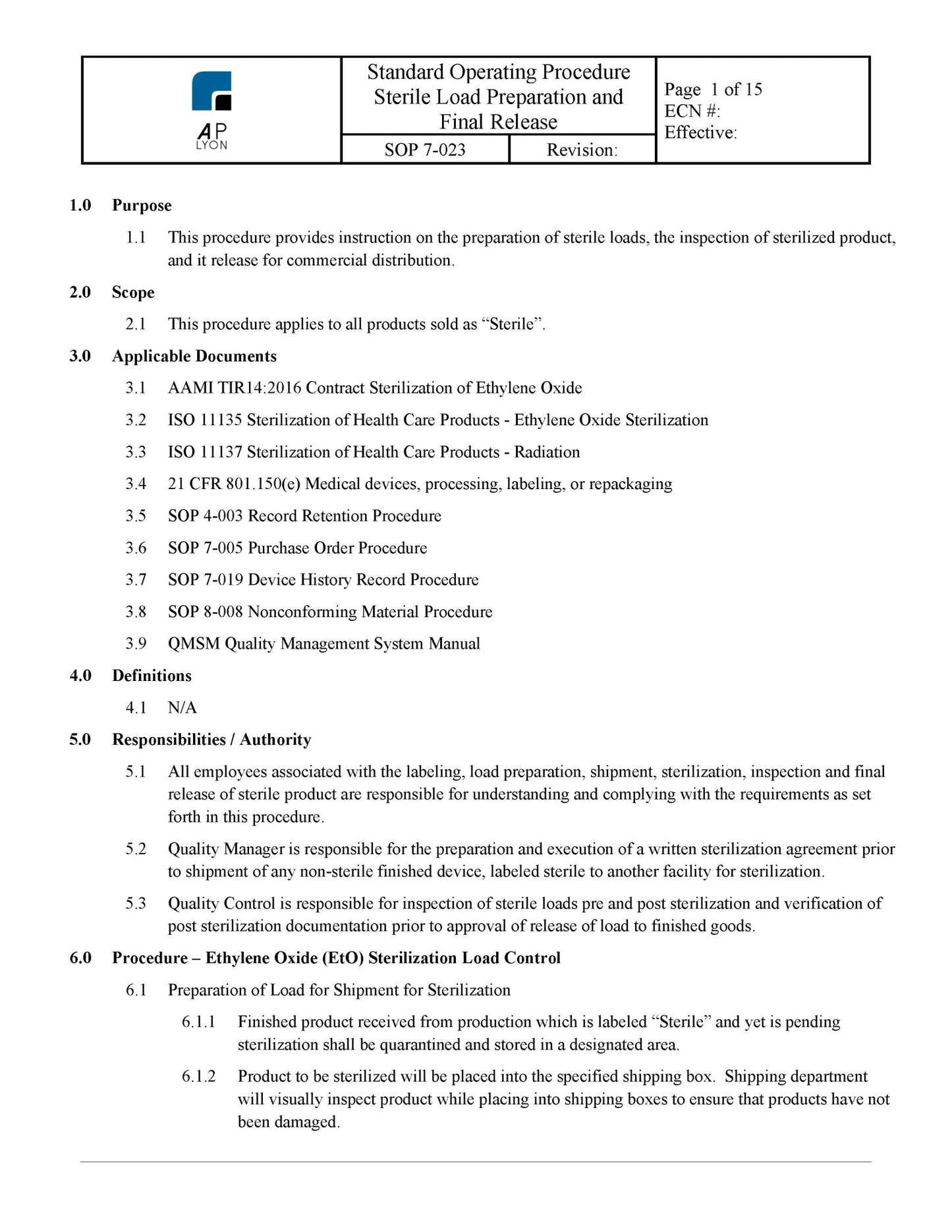 Sterile Load Preparation and Release Procedure - A. P. LYON