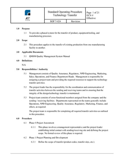 Technology Transfer Procedure - A. P. LYON