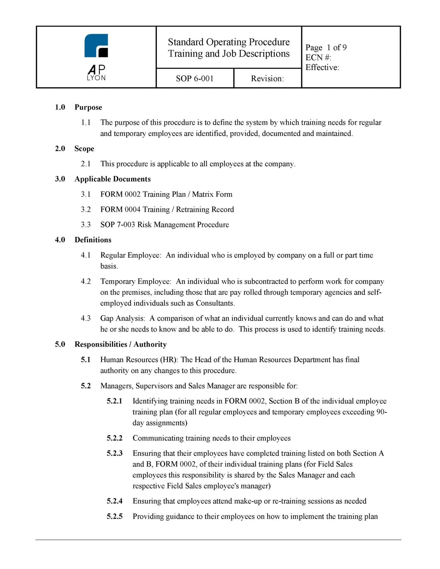 Training and Job Description Procedure - A. P. LYON